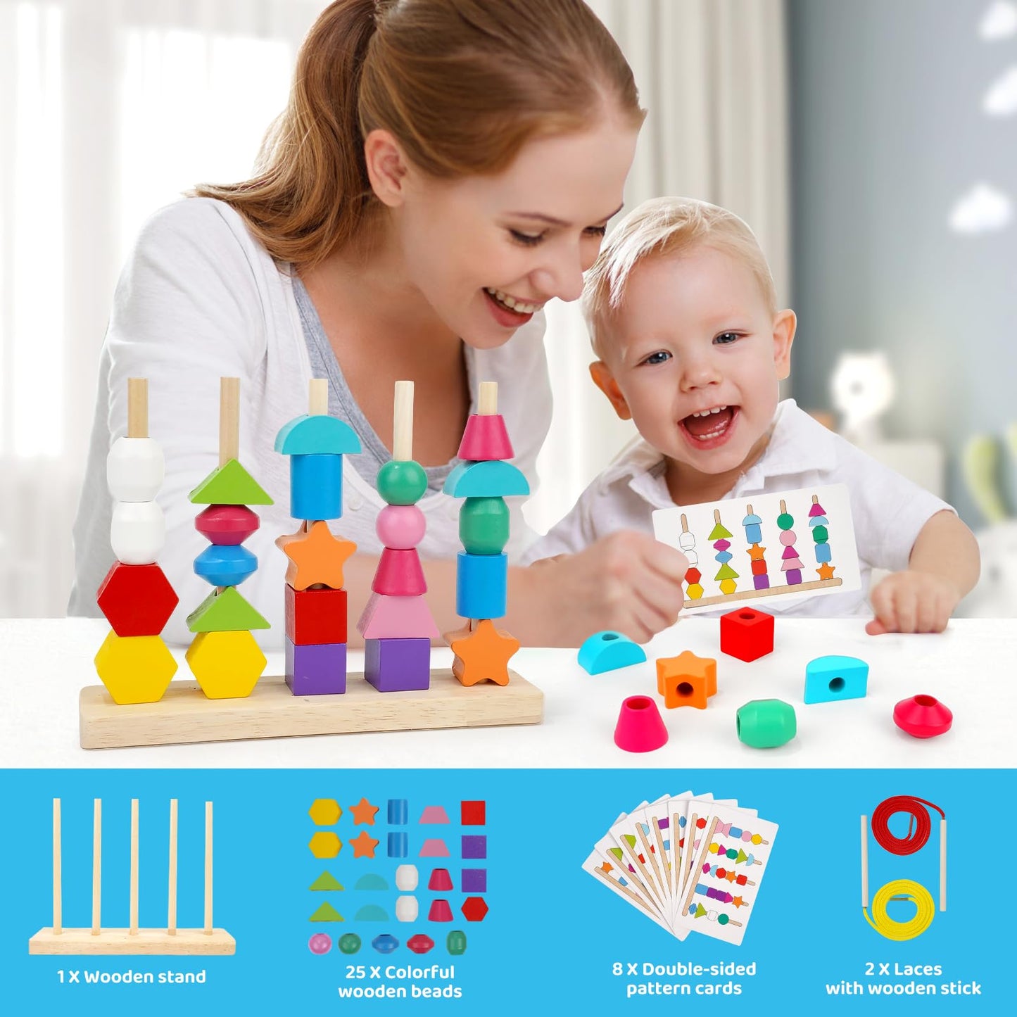 Montessori Toys For 2 3 4 Year Old Kid Boy Girl Toddler, Montessori Wooden Beads Sequencing Toy Set, Lacing Beads & Stacking Blo