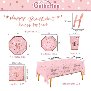 Rose Gold & Pink Sweet 16 Birthday Bundle: Party Supplies Set With Paper Plates, Napkins, Cups, Tablecloth & Banner - Sweet Sixt