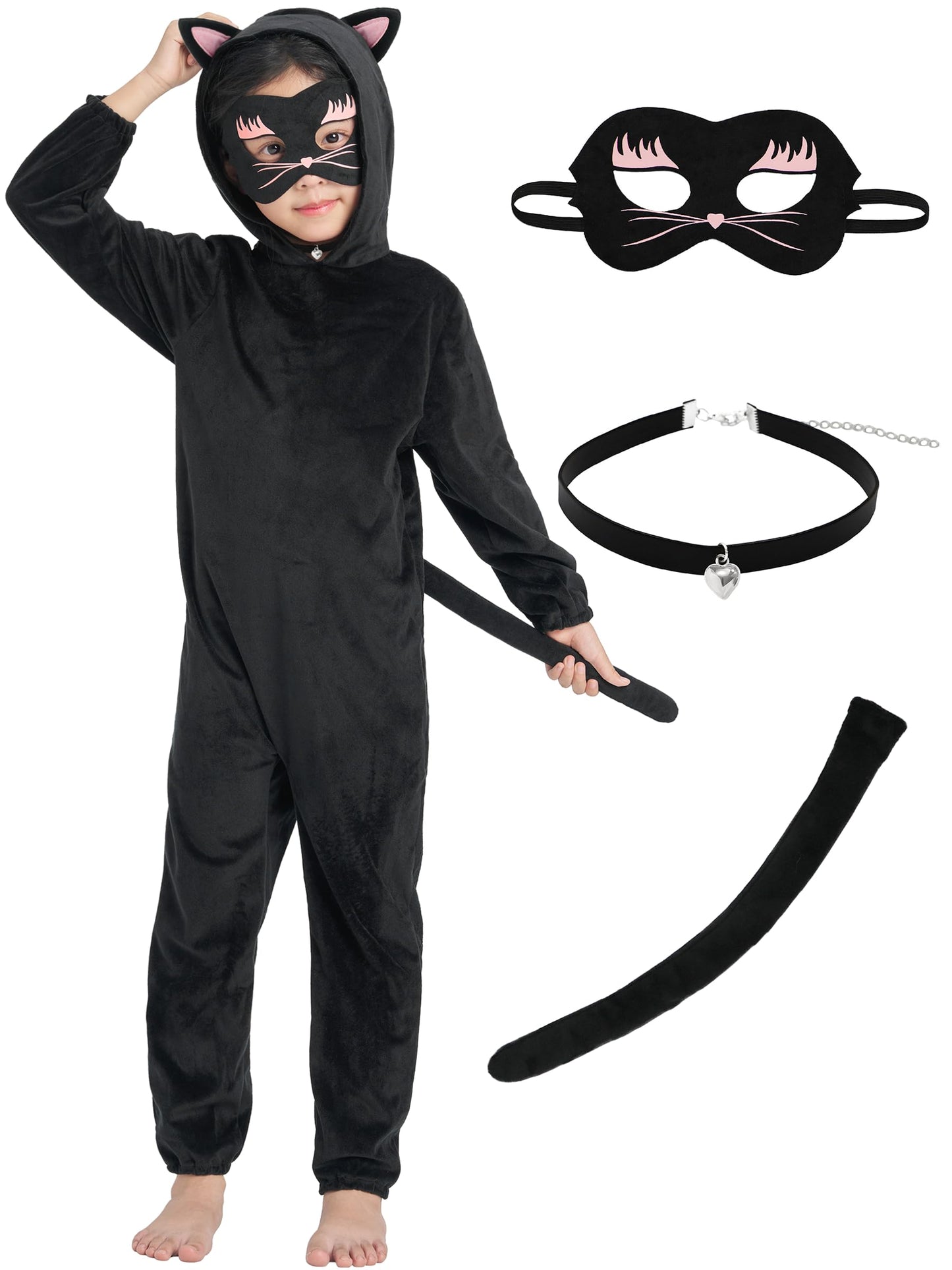 Ikali Cat Costume For Girls, Kids Toddlers Black Cat Costume With Eye Mask, Choker And Tail 8-10 Years