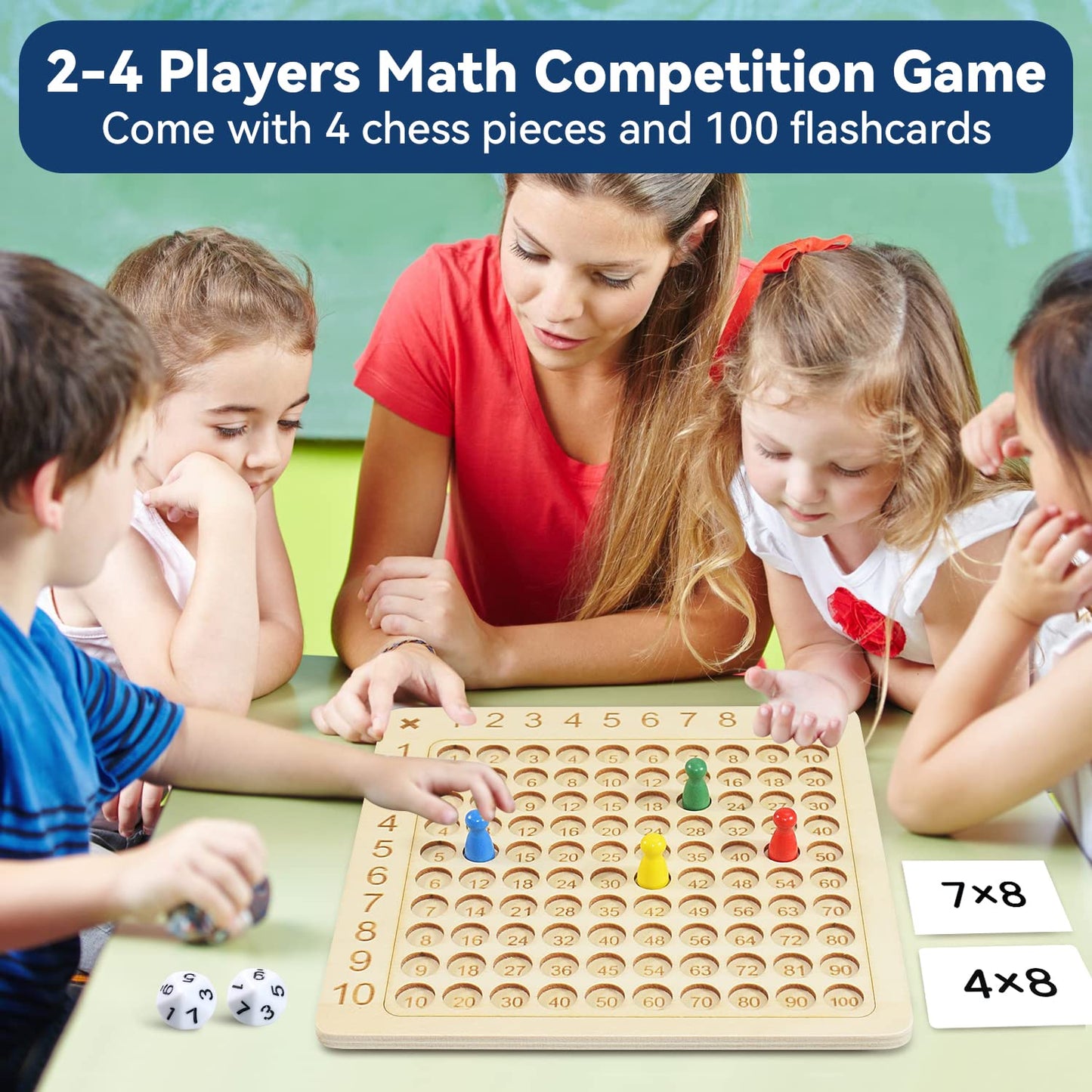 BAKAM Wooden Multiplication Board Game for Kids 8-12, Math Manipulatives with 100 Flash Cards, Medium Size, White and Black