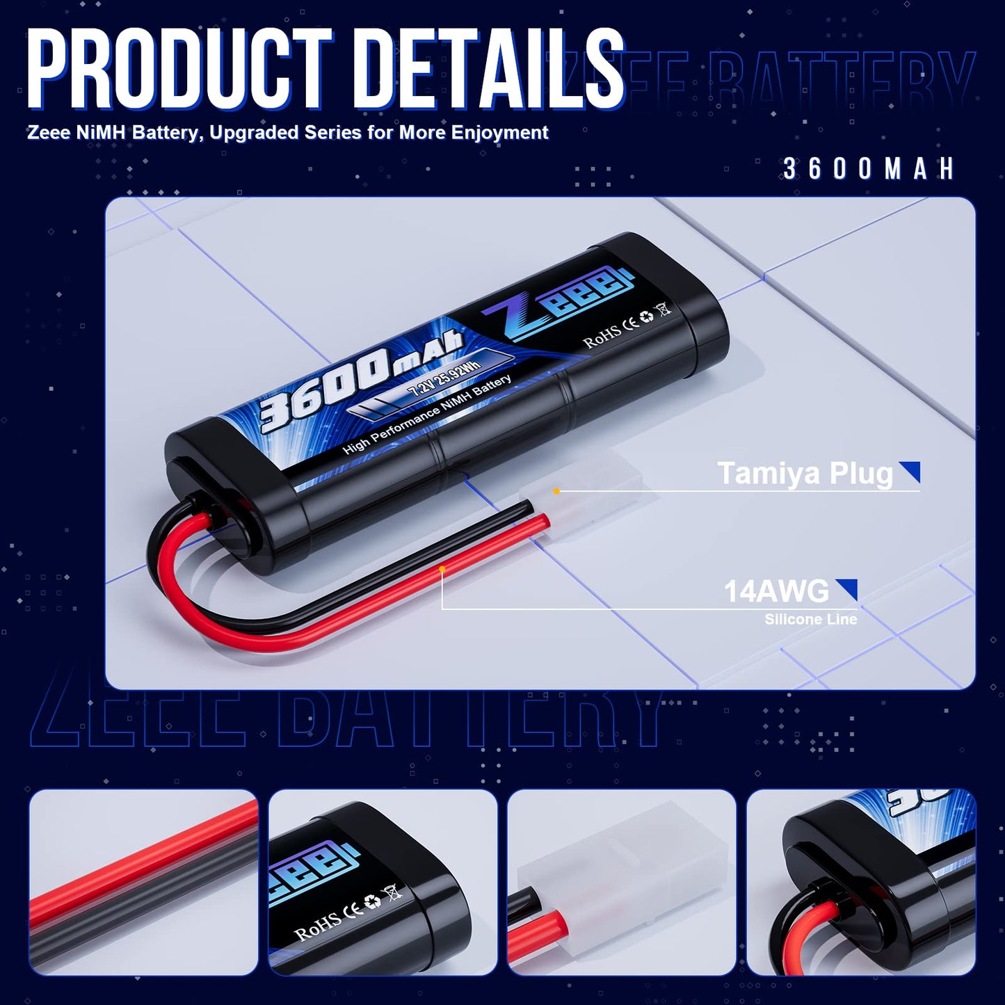 Zeee 7.2V NiMH Battery 3600mAh RC Battery High Power with Tamiya Connector for RC Car RC Truck Associated HPI Losi Kyosho Racing