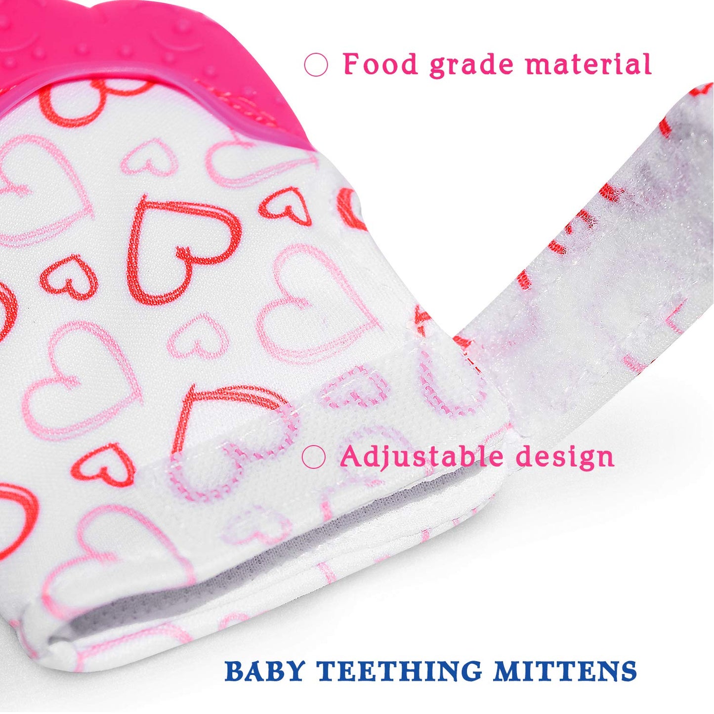 NEPAK Teething Mitten - Silicone Baby Glove Teether Toys for 3-6 Months, 2 Count, Pink, Sweet Heart Design