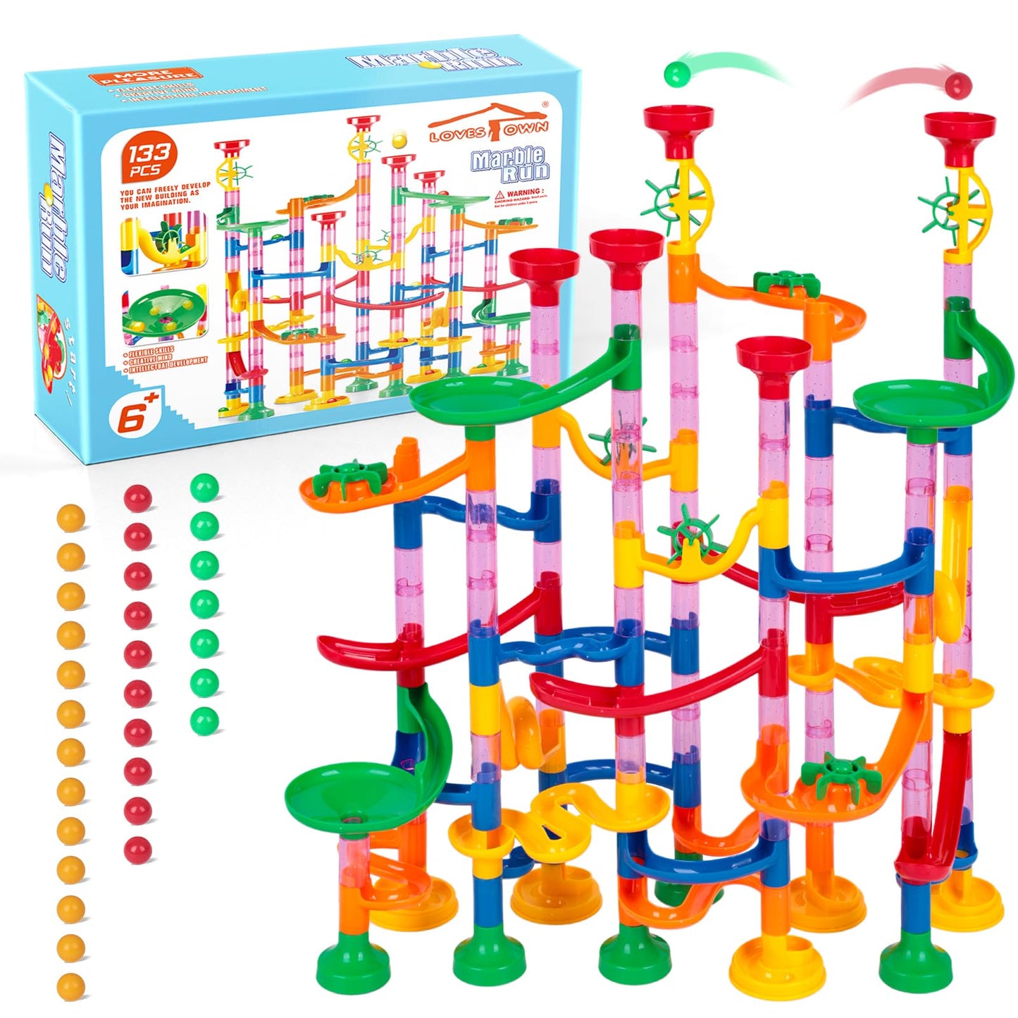 Lovestown 133Pcs Marble Run Set, Kids Construction Building Blocks Toys With 30 Plastic Marbles, Stem Educational Toys, Birthday Party Gifts For Kids, Maze Track Easter Toys, Parent-Child Game Toy