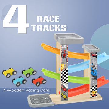 Wooden Race Track Car Ramp Toy, Montessori Car Ramp Set With 4 Mini Cars, 4 Ramps, Parking Lots - Educational Gift For Boys & Gi