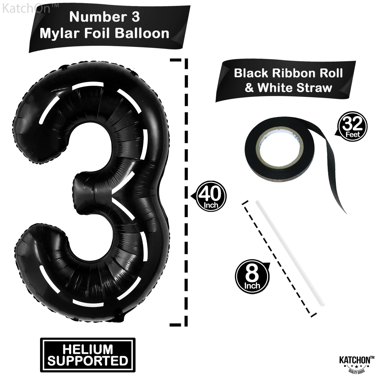 Katchon, Giant Race Car Number 3 Balloon - 40 Inch | Number 3 Race Car Balloon For Construction Birthday Party Supplies 3 Year Old | 3 Balloon Number For Race Car Birthday Party Supplies 3 Year Old