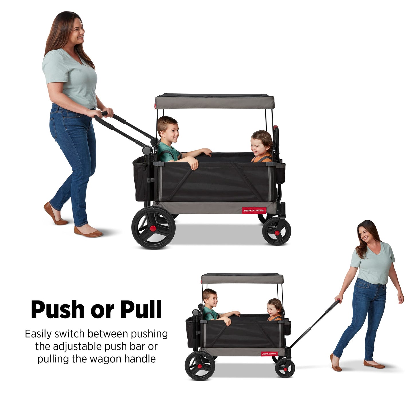 Radio Flyer Collapsible Folding Push And Pull Stroller Kids Wagon With Protective Canopy Cover And Travel Case For Ages 1 And Up, Black