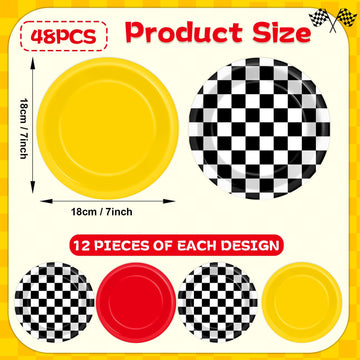 48 Pcs Racing Car Party Paper Plates for Race Car Birthday Party Supplies 7 Red Yellow Black White Checkered Disposable Plates R