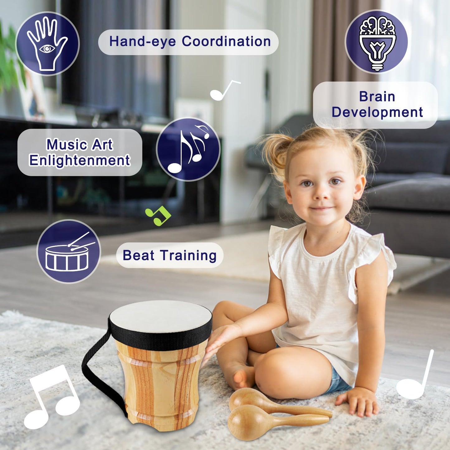Looikoos Toddler Musical Instruments For Kids Ages 5-9 Montessori Toys For Toddlers 3-5 Wooden Percussion Instruments Drum Set For Kids Gifts