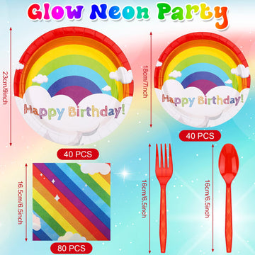 Jetec 240 Pcs Neon Party Rainbow Birthday Party Supplies Neon And Rainbow Glow Party Plates And Napkins Tableware For 40 Guests, 7' 9' Plate For Glow Birthday Party Decoration(Rainbow Style)