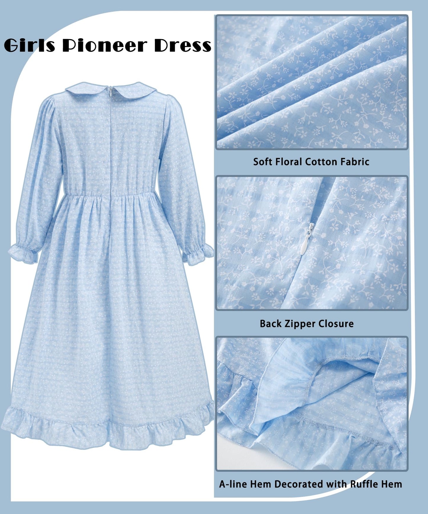 Pioneer Dresses For Girls Prairie Colonial Costume Long Sleeves Laura Ingalls Pilgrim Costume 11-12Y