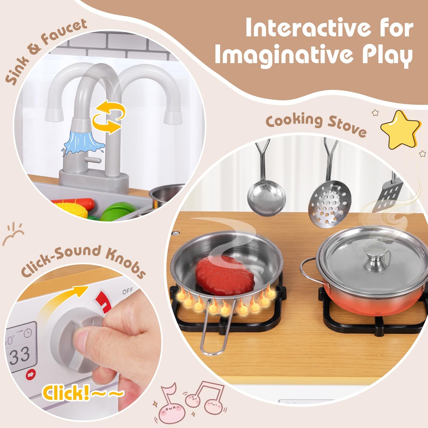 Costzon Play Kitchen for Kids, Wooden Toy Kitchen Set with Blackboard, Faucet, Sink, Oven, Microwave, Dishwasher, Accessories, P