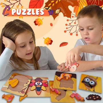 Thanksgiving Toys Wooden Puzzles Gift For Toddler, 6 Pack Puzzles Thanksgiving Autumn Fall Harvest Party Favors For Toddlers 1 2