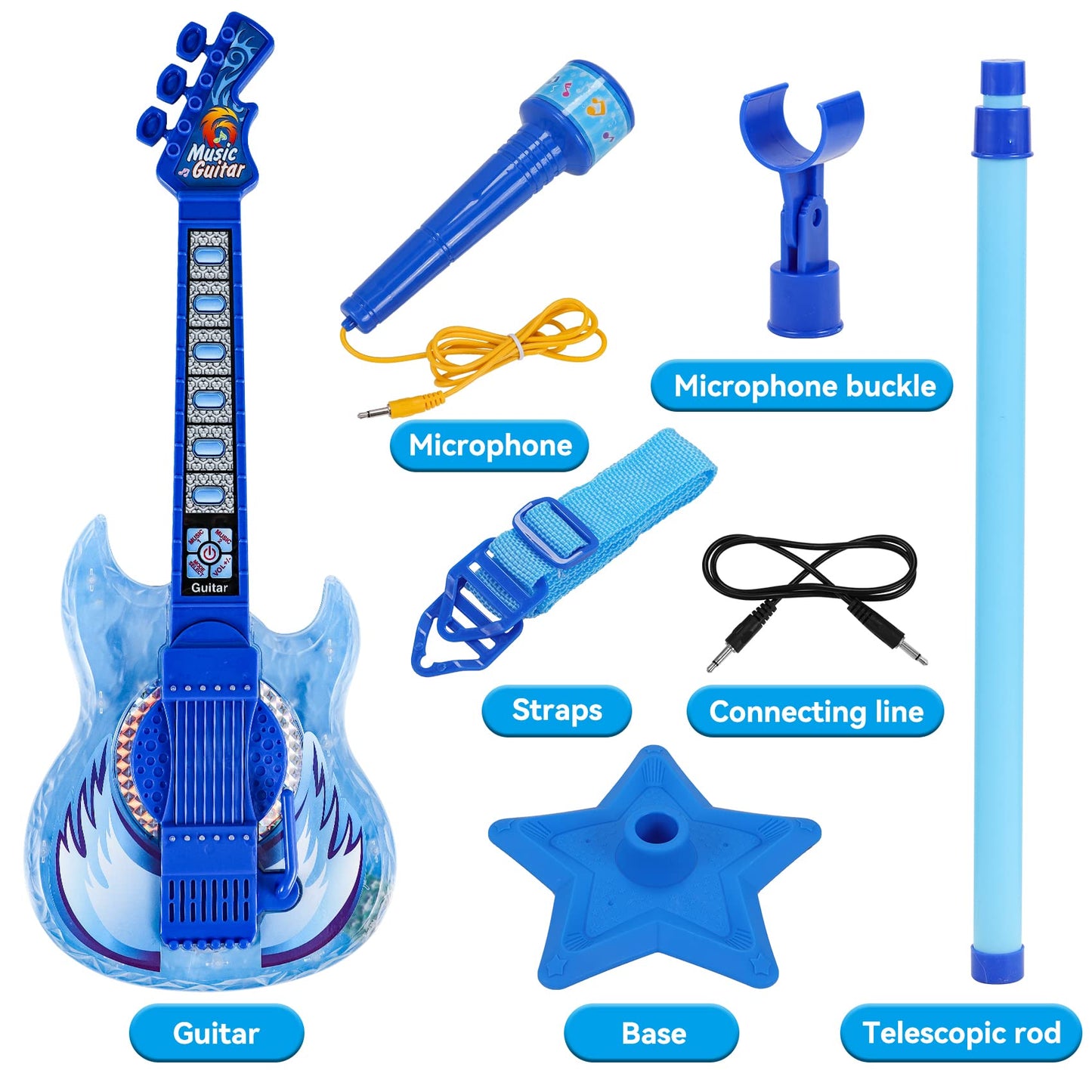Guitar And Microphone Play Set For Boys,Karaoke Machine With Music&Light,Microphone Toys With Stand,Adjustable Height Guitar Toy