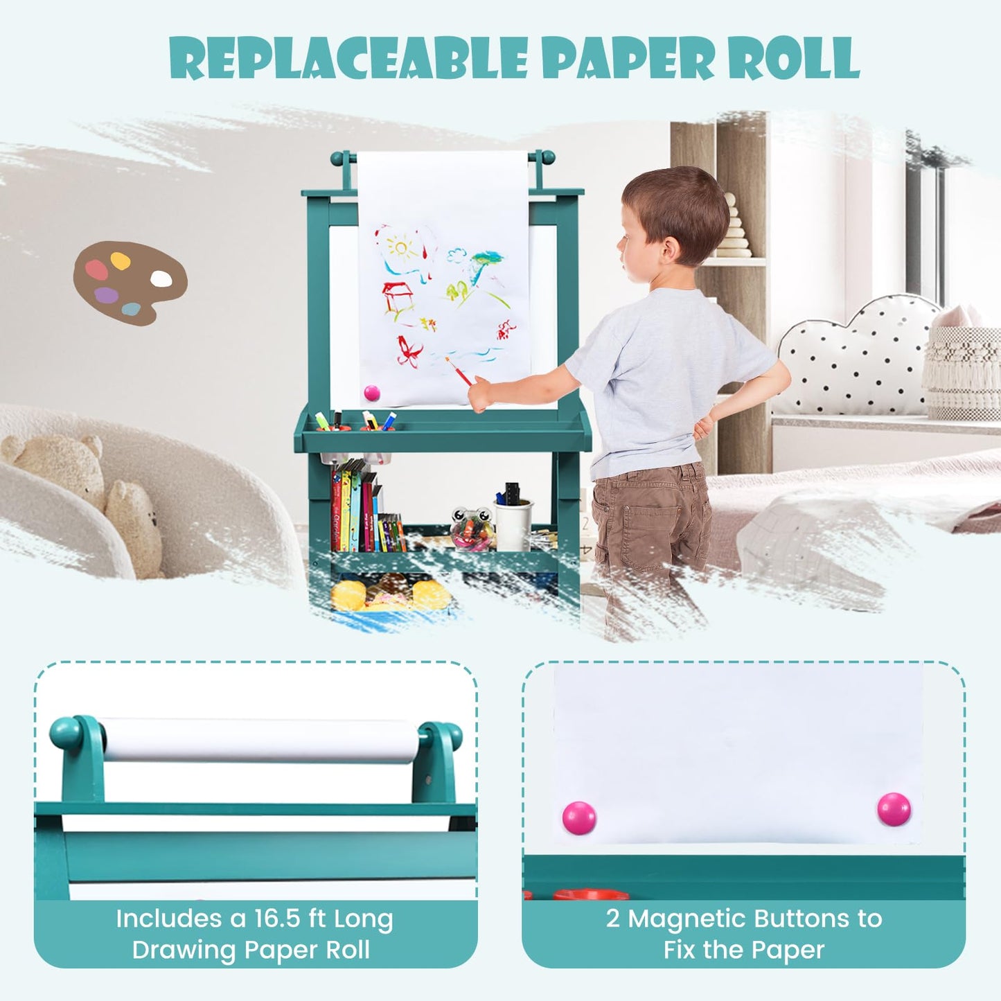 Honey Joy Art Easel For Kids, 3-In-1 Double-Sided Wooden Toddler Easel W/Magnetic White Board & Chalkboard, Paper Roll, 2 Storage Bins, Painting Dry Erase, Kids Easel For Boys Girls Aged 3+ (Pink)