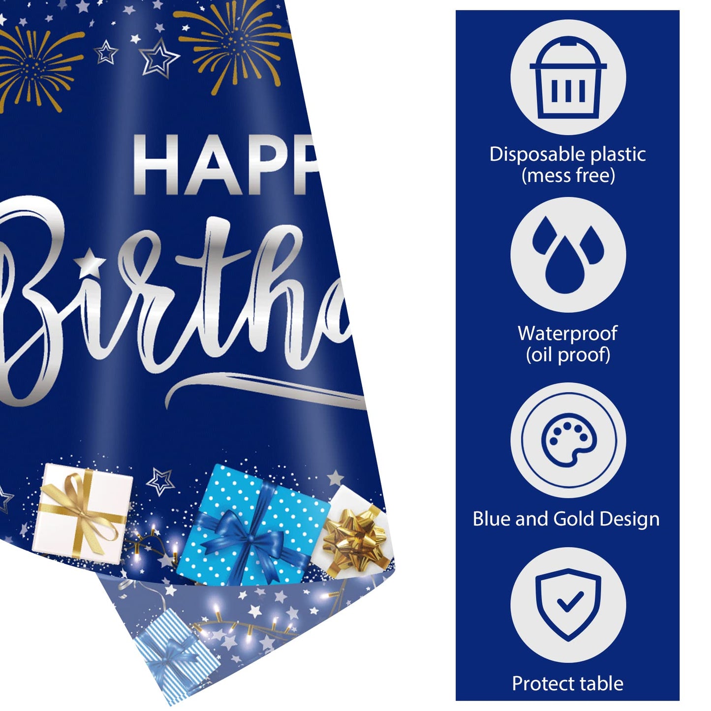 Duaiai Happy Birthday Decorations, 3 Pcs Navy Blue And Silver Birthday Tablecloth For Boys Girls Men Women, Plastic Disposable Rectangle Table Cover For Birthday Party Supplies- 54' X 108'