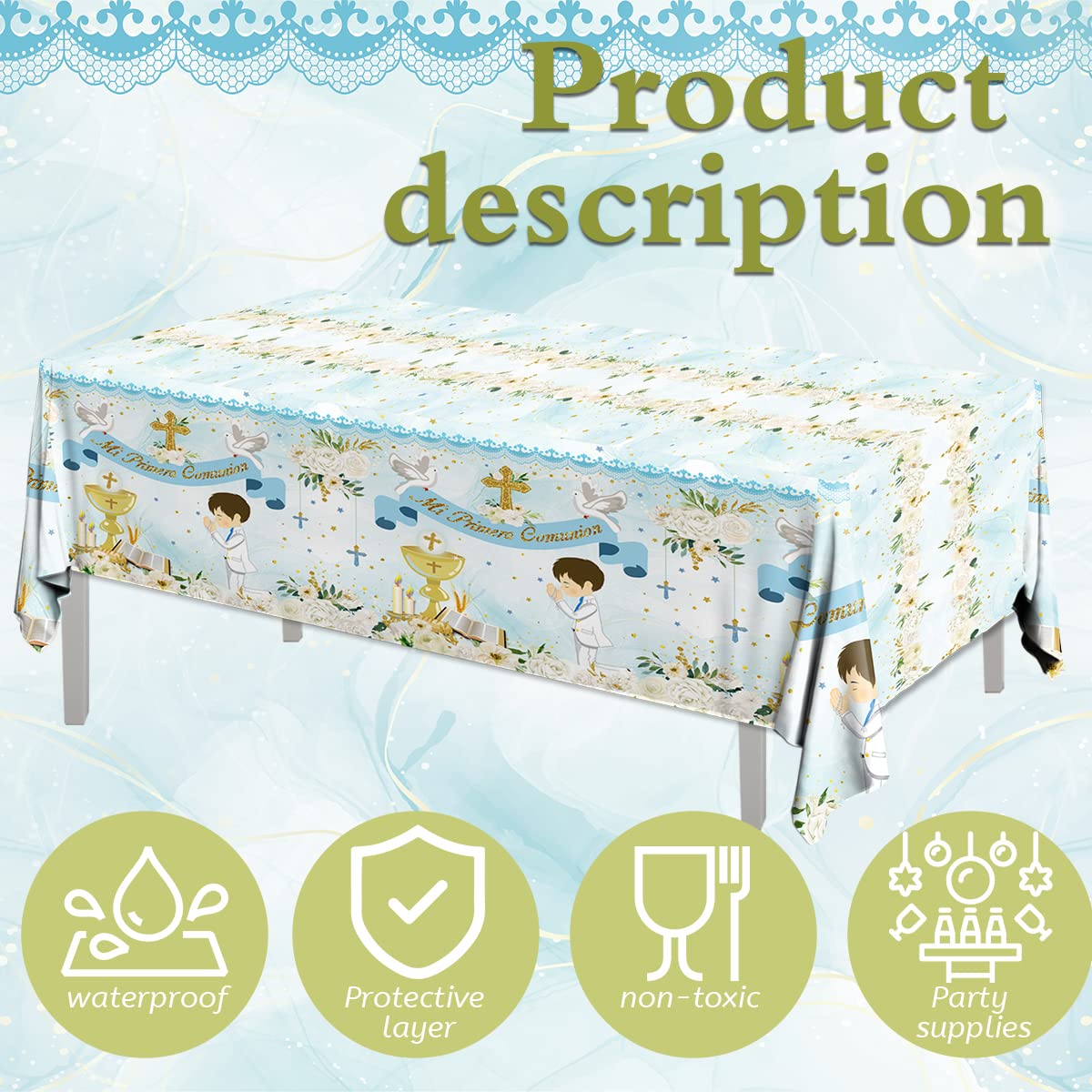 Gupesxu First Communion Decorations-Mi Primera Comunion Tablecloth,3Pcs Blue Baptism Table Covers For Boy Newborn Baby Shower Ta