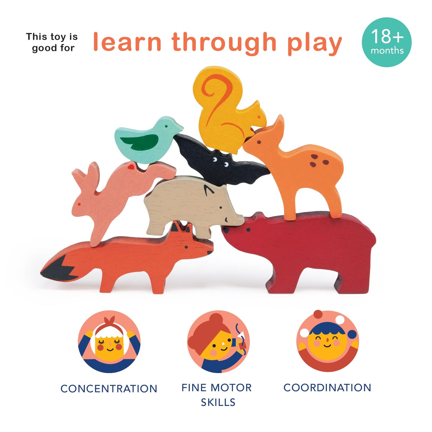 Mentari Toys - Happy Stacking Forest - 8Pc Wooden Stacking Toy For Toddlers - Colorful Nature Theme Balancing Activity Toy With