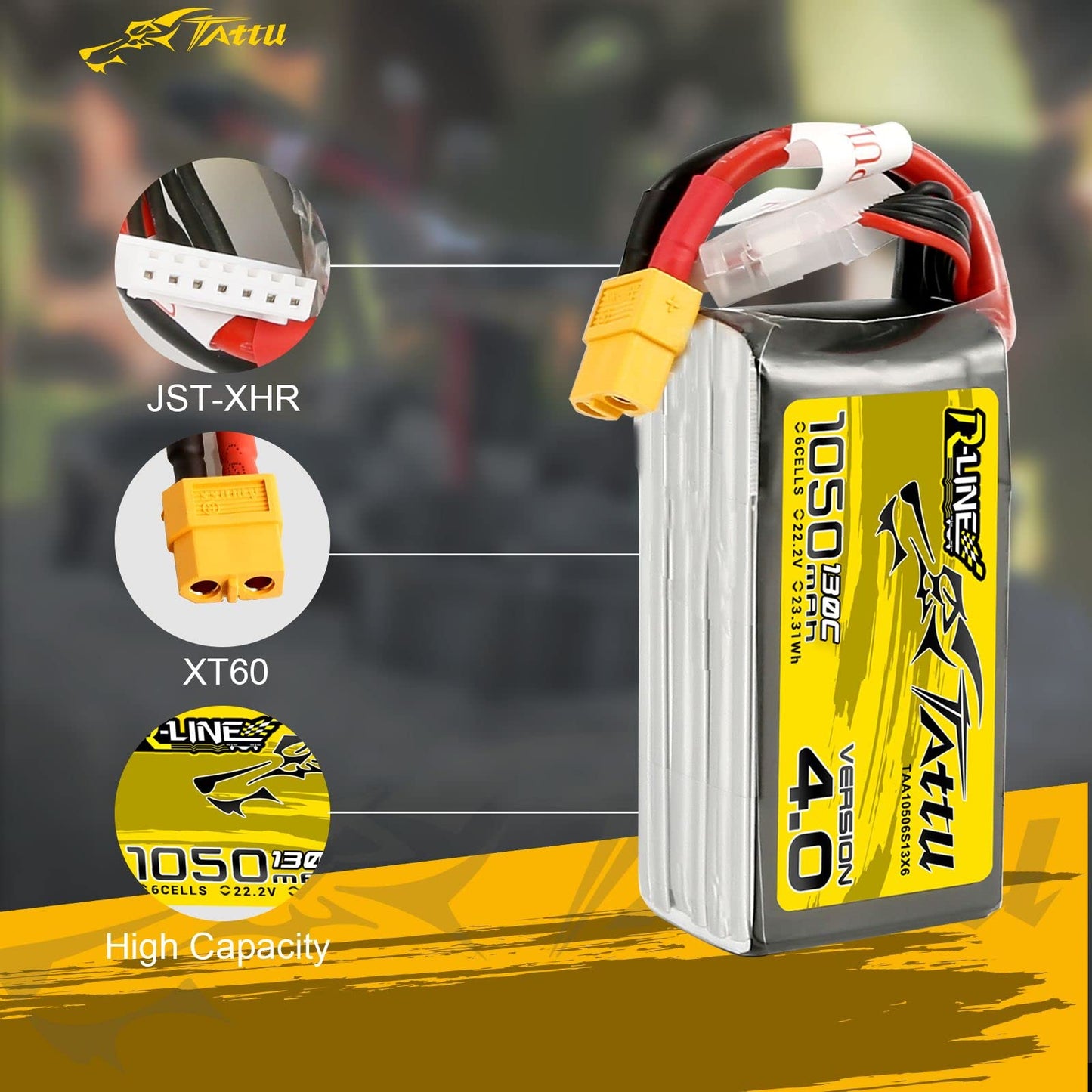 TATTU 6S Lipo Battery R-Line Version 4.0 1050mAh 22.2V 130C Lipo Battery Pack with XT60 Plug for Professional FPV Racing Competi