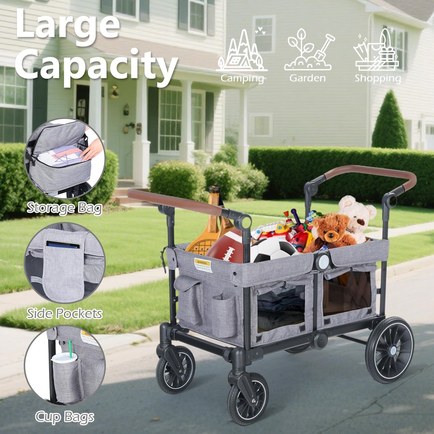 Kinder King Folding Wagon Stroller for 2 Kids All-Terrain Baby Stroller Wagon Outdoor Removable Canopy 2 Seater Adjustable Handle Shock-Absorbing Wheel Detachable Tray Parent Organizer Gray