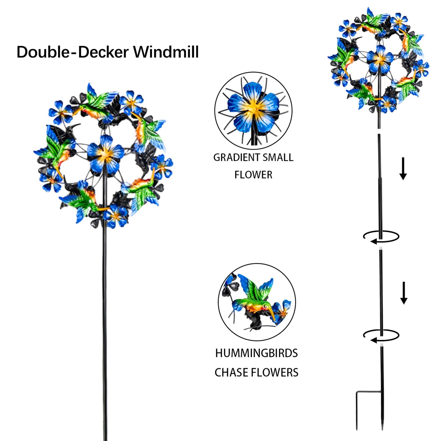 Senflame Double cutting edge Hummingbird Swivel Wind Spinners Outdoor Garden Spinners 38inch Garden Stakes Dccor Metal Pinwheels for Yard and Garden