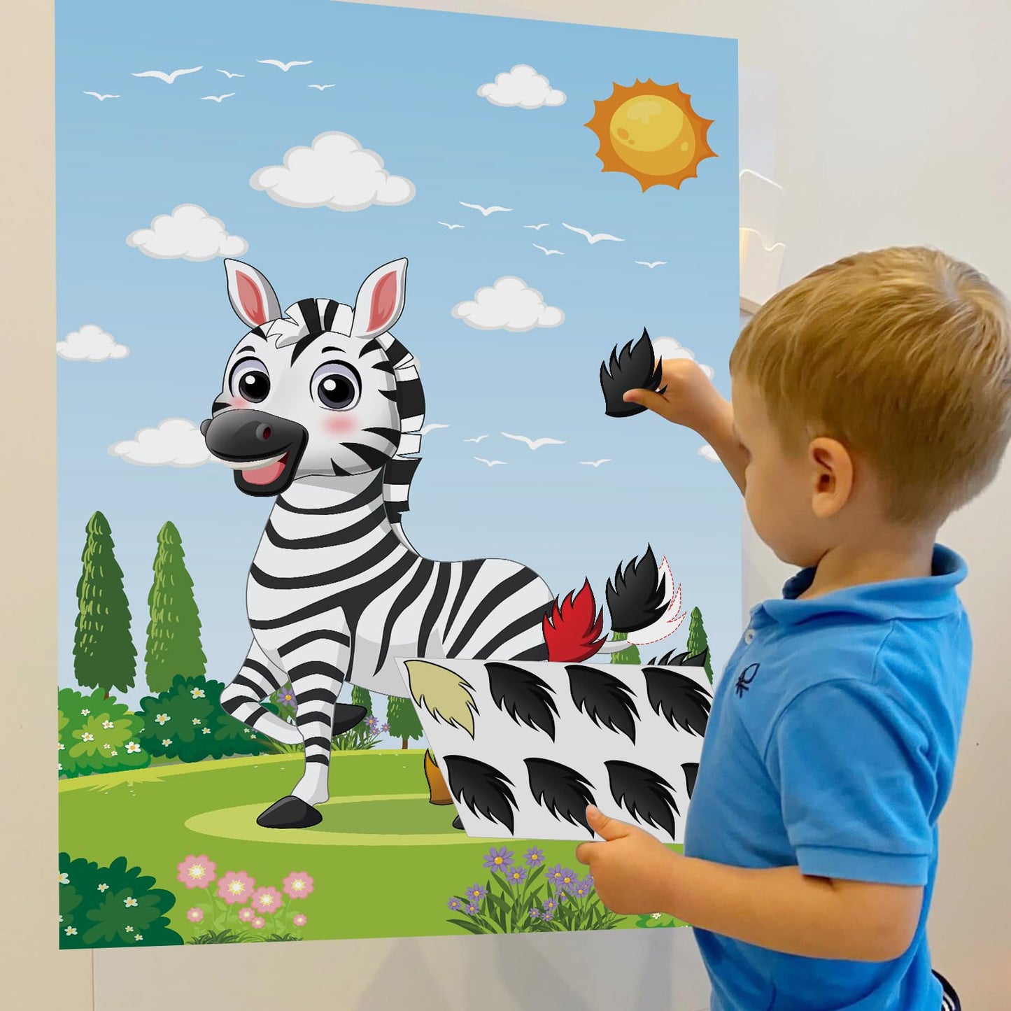 Pin The Tail On The Zebra Party Games For Kids Wild Animal Birthday Party Decorations, For Jungle Safari Party Decorations Zoo Party Supplies For Boys Girls, Large Zebra Poster With 56 Tail Stickers