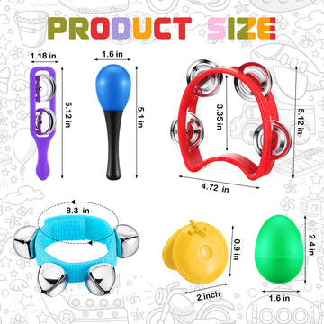 Silipull 72 Pcs Musical Instruments Set for Kids - Egg Shakers, Maracas, Bells, Tambourine, Cymbals - Multi-Color, Plastic