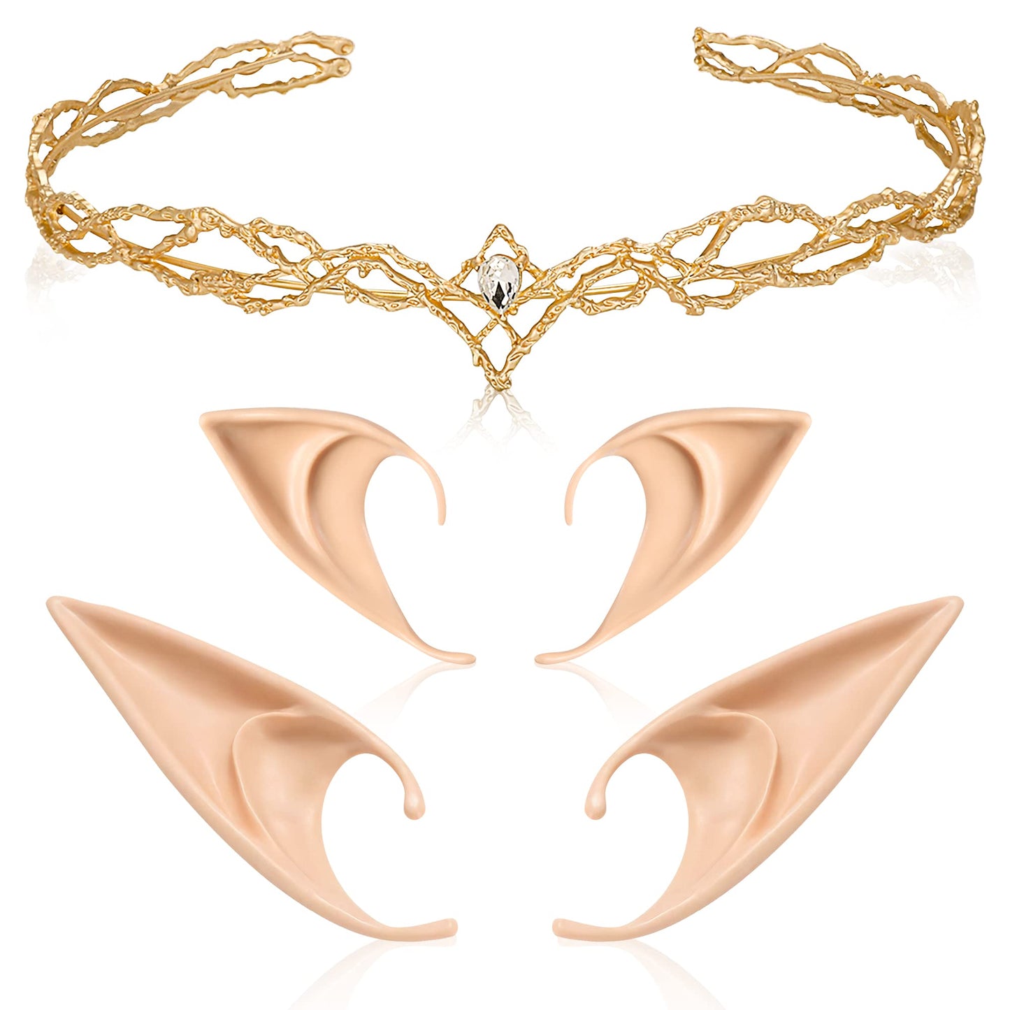 FRESHME Fairy Ears with Elf Crown Set 2 Pairs Soft Elf Ears with Gold Fairy Crown Set Pixie Headband Headpiece Kit Cosplay Costu