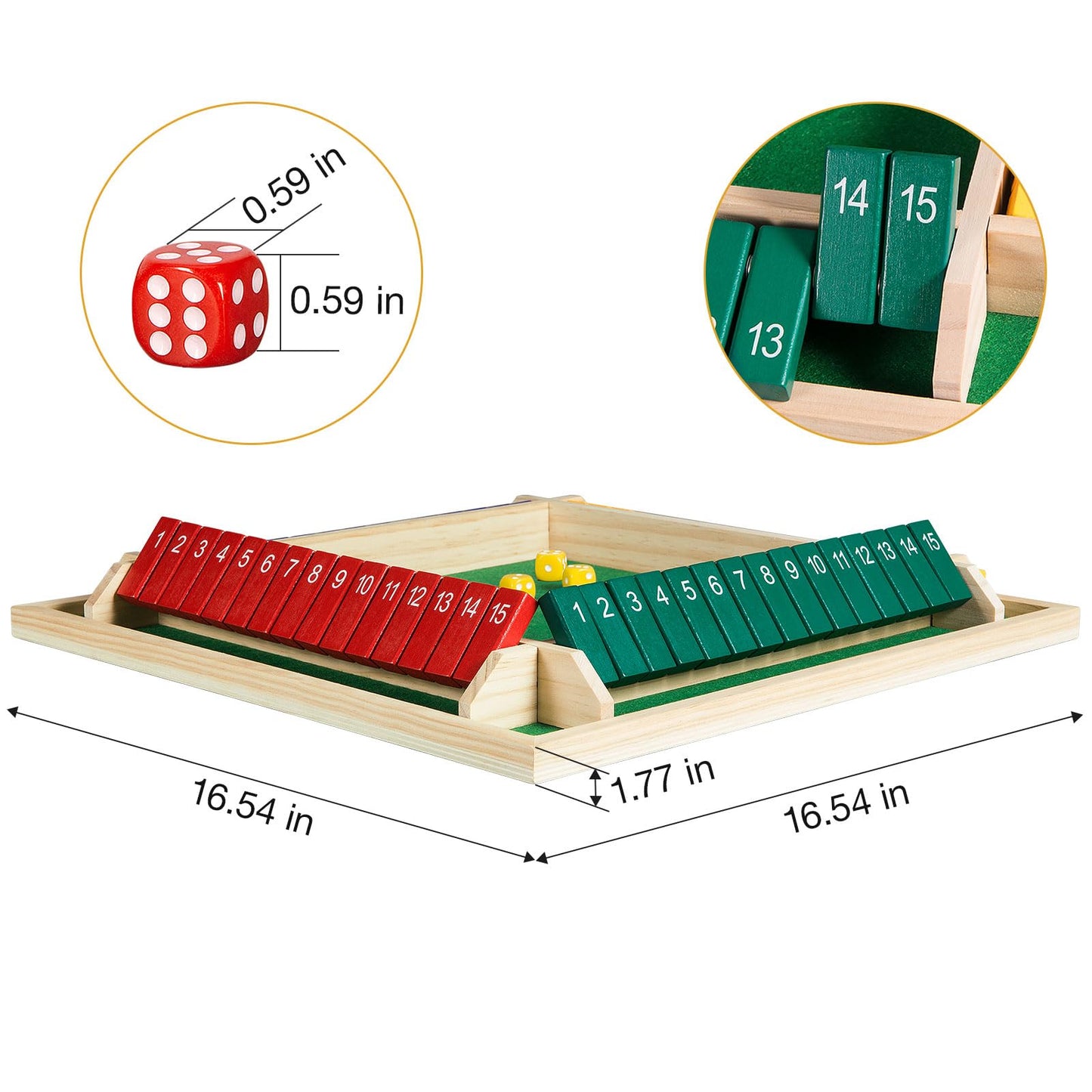 BIVOMON Upgraded Shut The Box Game - 4 Player Colorful Wooden Board Game with 15 Numbers & 16 Dices, 16.54''