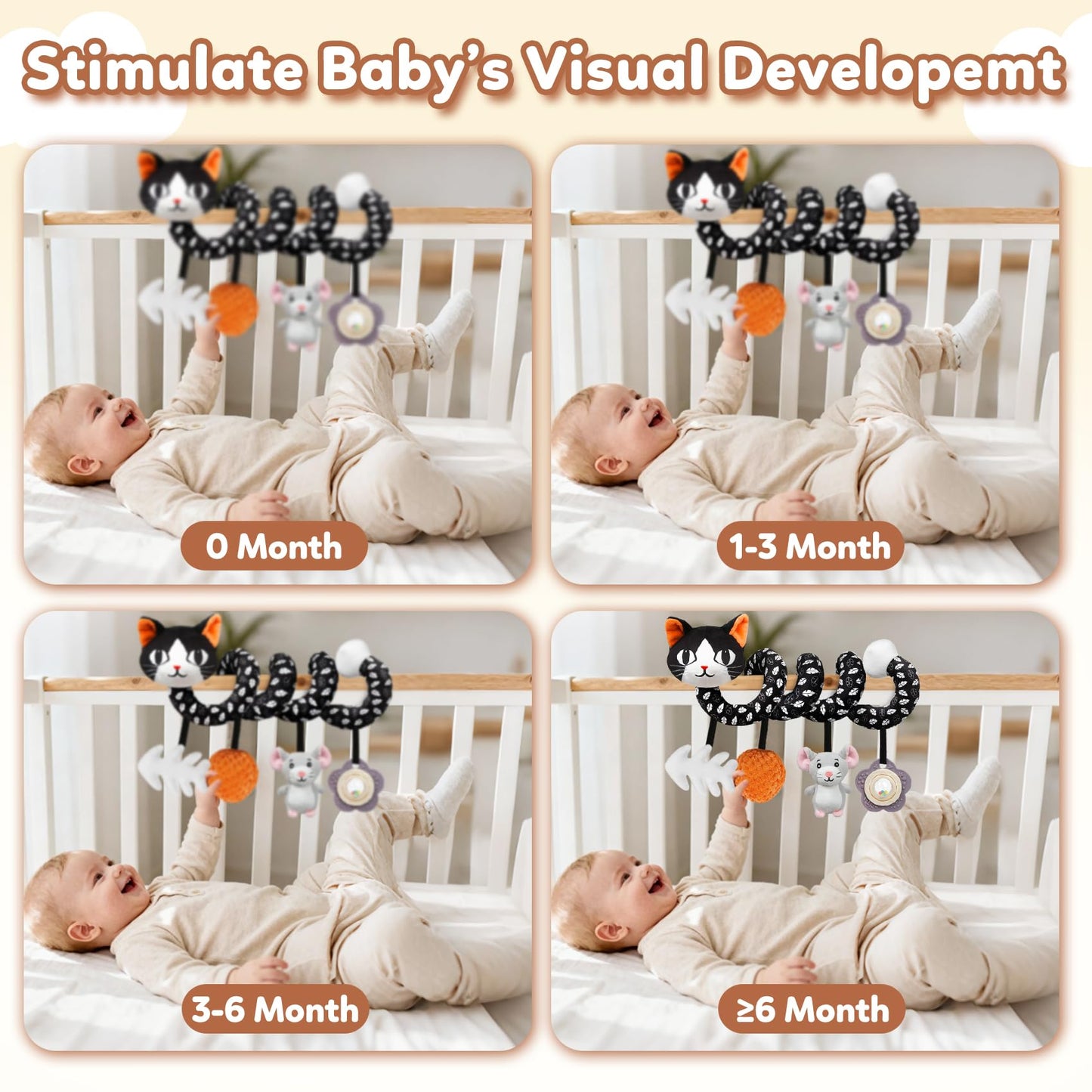 GKDOMS Baby Carseat Toy Black & White Rattle Spiral Hanging Activity Stroller Toy for Newborns Boys and Girls - Cat