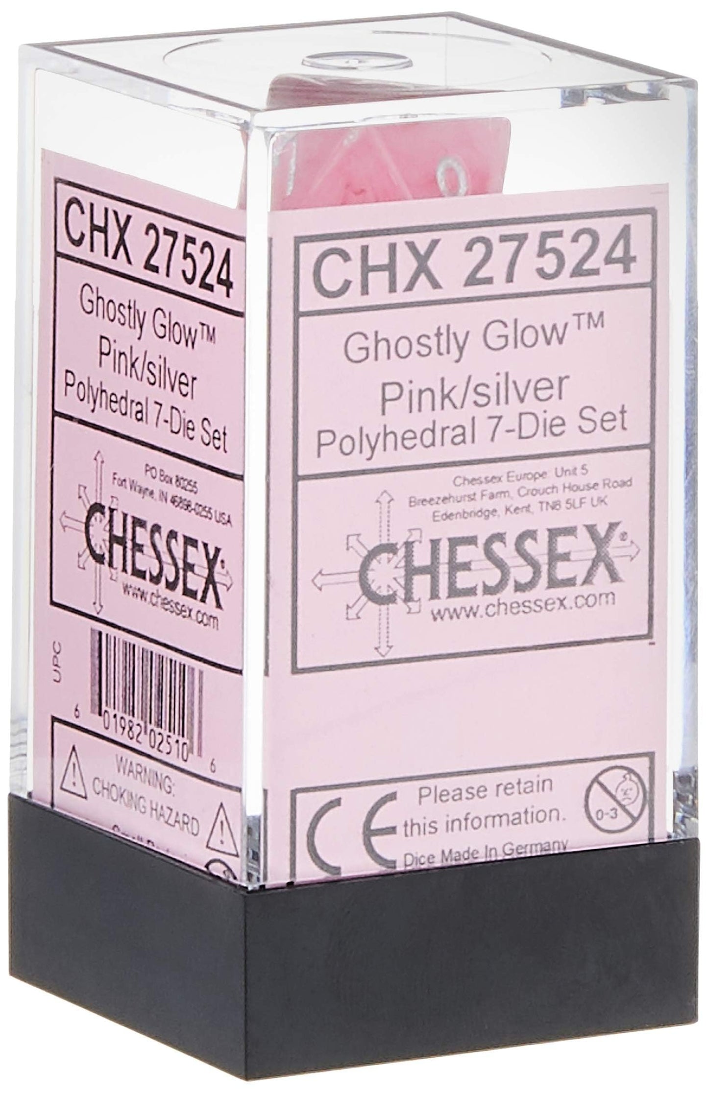 Chessex CHX27524 Dice-Ghostly Glow 7Pc Set, Pink/Silver, Large (18mm - 25mm)