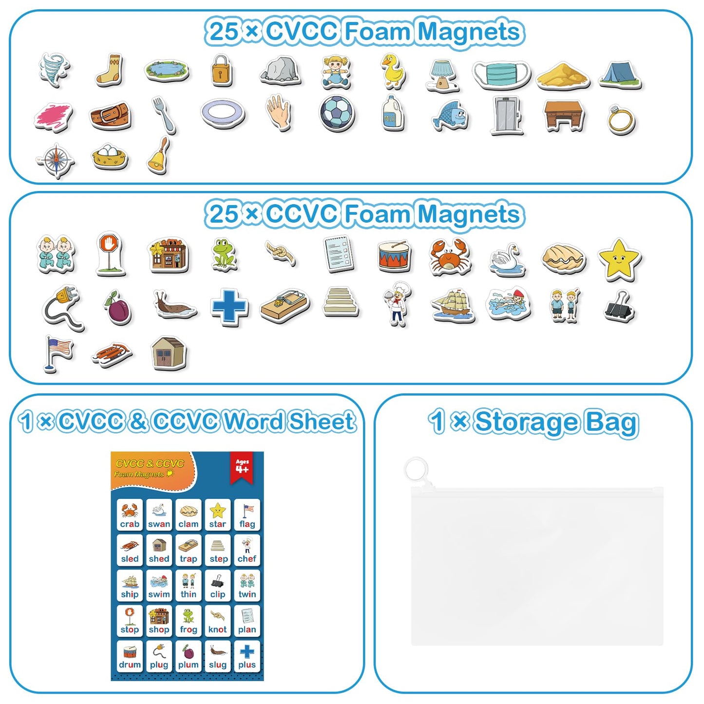 Kasfalci Cvcc & Ccvc Word Games, 50 Magnetic Foam Objects Fridge Magnets For Kids, Speech Therapy Toys For Toddler, Learn To Rea