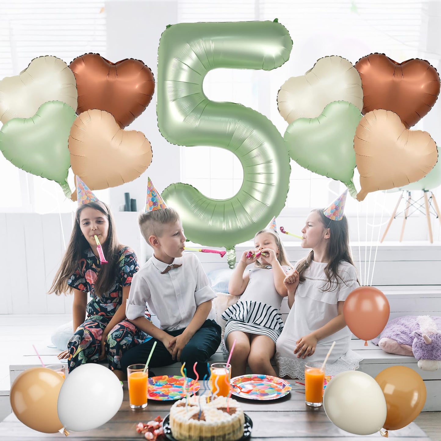 Biapian 40 Inch Sage Green Number 5 Balloons, 7Pcs Gaint Number 5 Balloon With 18'' Retro Foil Heart Balloons Helium For Neutral