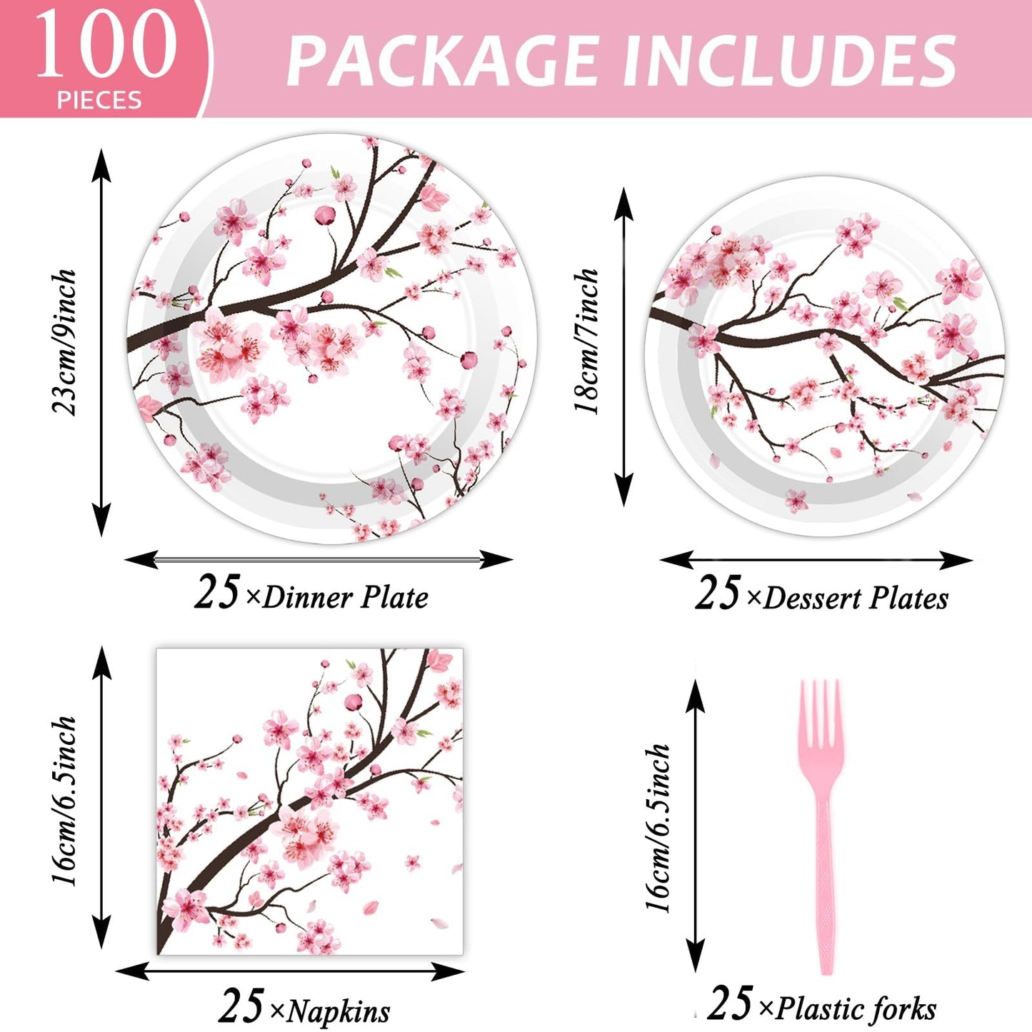 Qyeahkj 100 Pcs Cherry Blossom Party Supplies Set Cherry Blossom Plates And Napkins Birthday Party Tableware Packs Decorations C