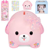 NIGOWAYS Piggy Bank for Girls,Unbreakable Plastic Puppy Money Bank with DIY-Stickers and Rhinestone Bow Tie,Cute Coin Bank for K