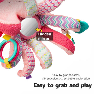 TURKIDS Infant Baby Girls Musical Stuffed Animal Activity Soft Toys with Multi-Sensory Crinkle, Mirror, Rattle and Textures for