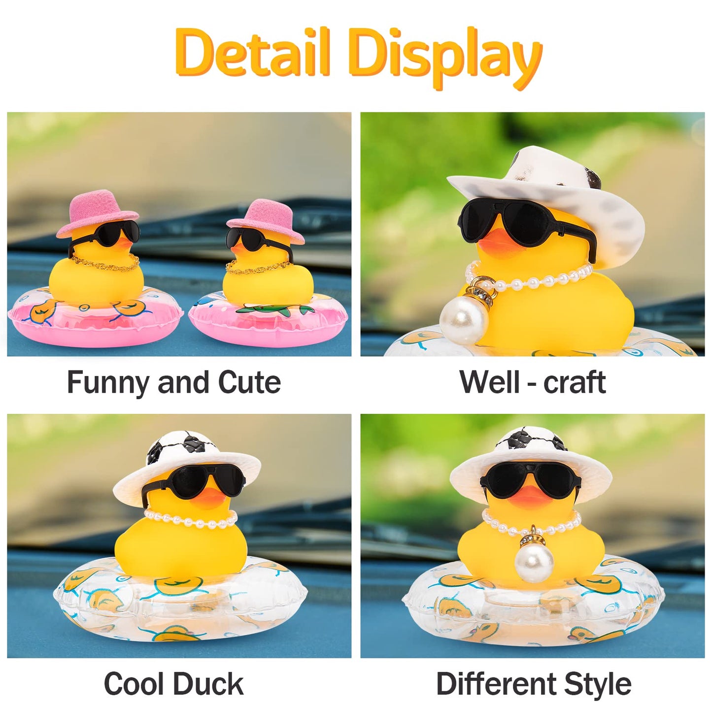 Wonuu Car Rubber Duck, Yellow Duck Decoration Dashboard With Sun Hat Swim Ring Necklace Sunglasses For Car Dashboard Decorations, Pink Top Hat-Pink