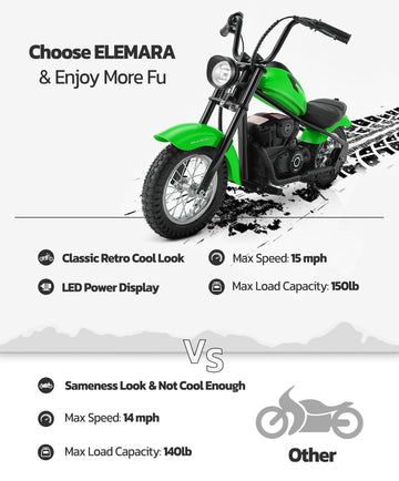 ELEMARA Electric Dirt Bike for Kids, 15 mph, 150lb Max, Green, 23.6x44.9x29.8 inches, Metal, Model WJL017LV