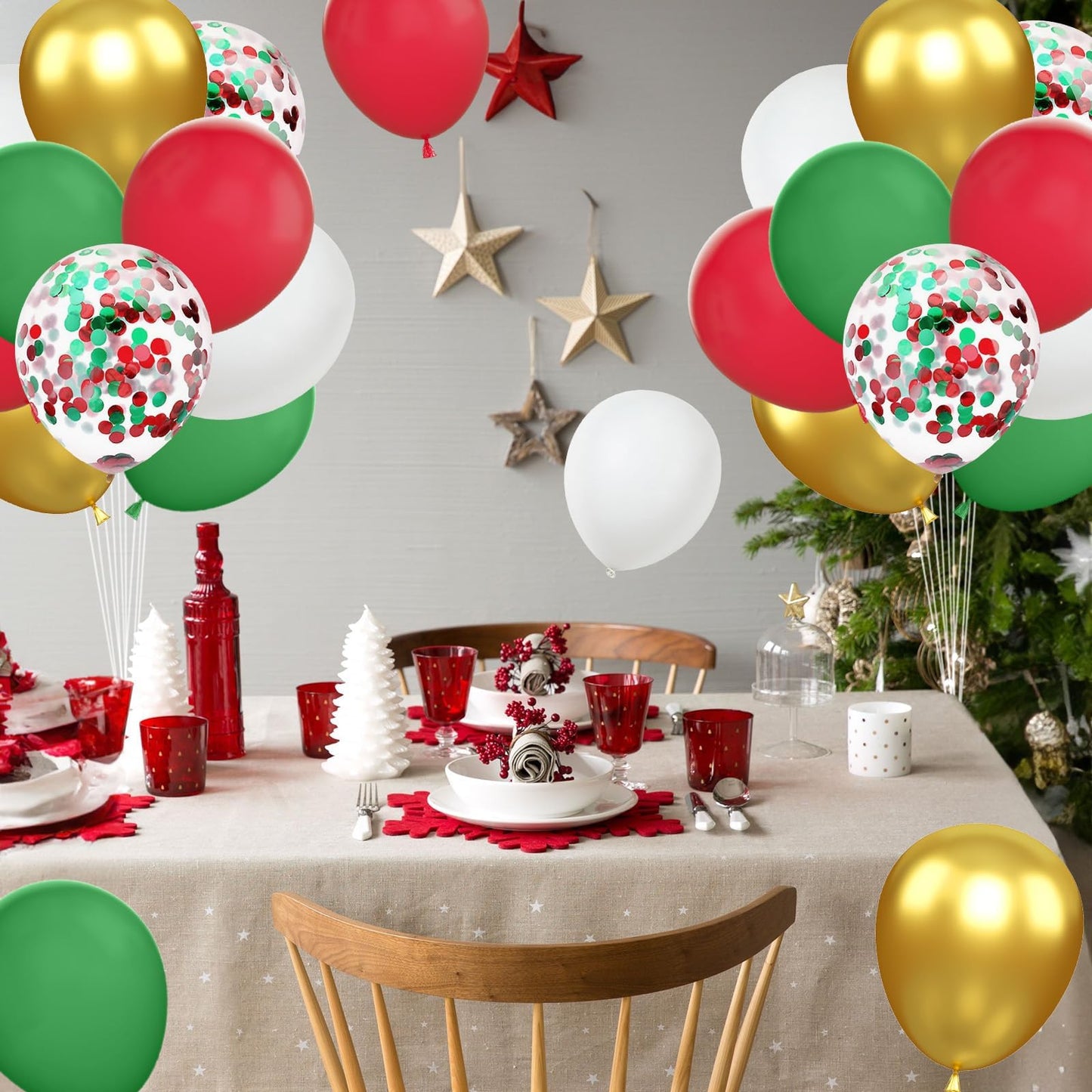 Funhot Christmas Balloons, 60 Pcs Red Green Gold Balloons, 12 Inch Red Green Confetti Balloons Metallic Gold Helium Balloons Whi