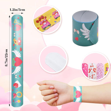 48 Pieces Valentine's Day Slap Bracelets Bulk Party Favors for Kids - 12 Designs Love and Hearts Snap Bands, Classroom Exchanges