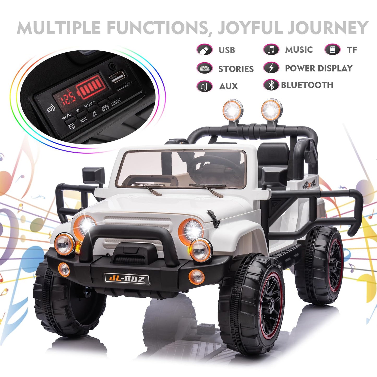 2 Seater Ride On Truck And Car Cover, 12V Children'S Electric Car With Parental Remote Control, Music, Mp3 Player, Led Lights, Spring Suspension, White