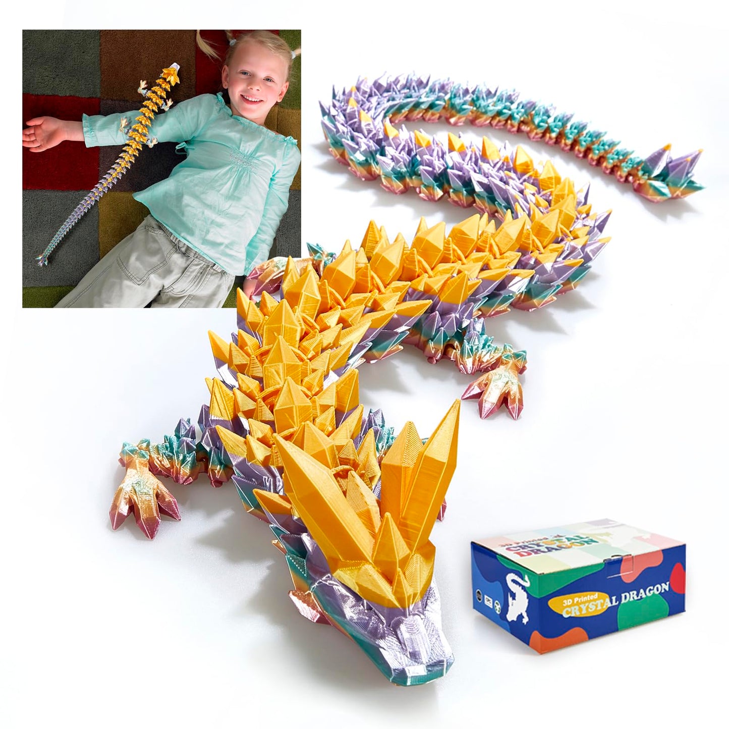 Rwsefk 24 In 3D Printed Dragon, 24Inch Dragon,3D Dragon Toy,Large Dragon Present,Ariculated Crystal Dragon(Gold Rainbow)