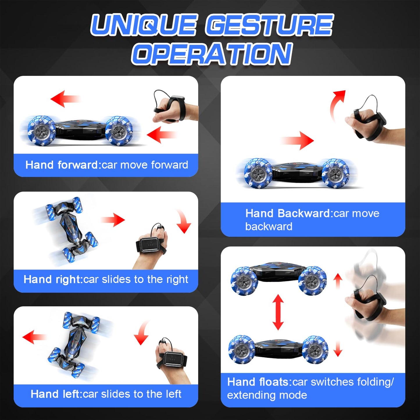 YEMIAI 1:10 Gesture Sensing RC Stunt Car with Lights Music, Hand Controlled RC Car Toys for Age 6-13, Hand Control Drift Remote