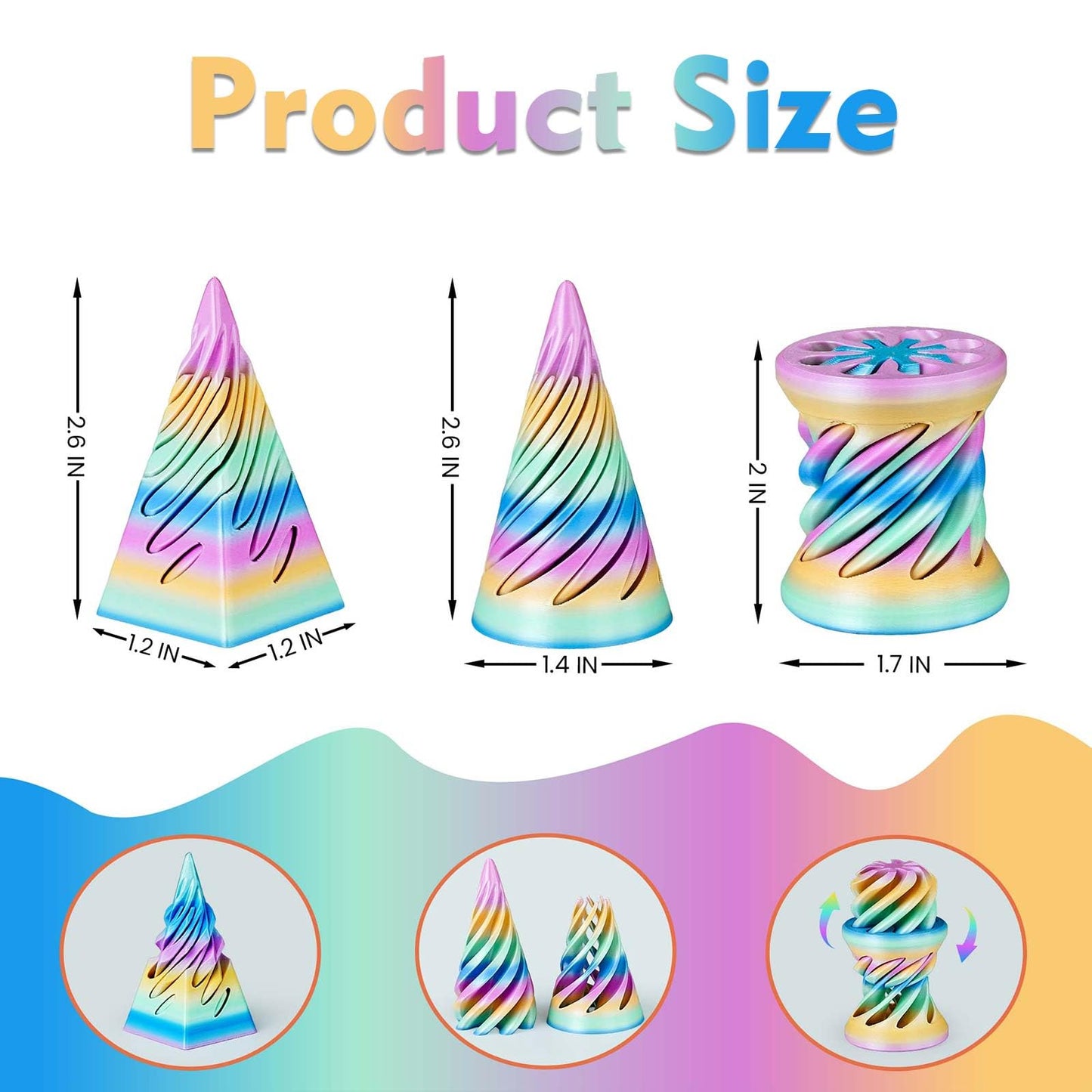 3PCS Impossible Cone 3D Printed Spiral Cone Fidget Toys Impossible Pyramid Passthrough Sculpture Stress Relieving Toys for mature-themeds and Kids Stocking Filler White Elephant Gifts (Candy Color-1)