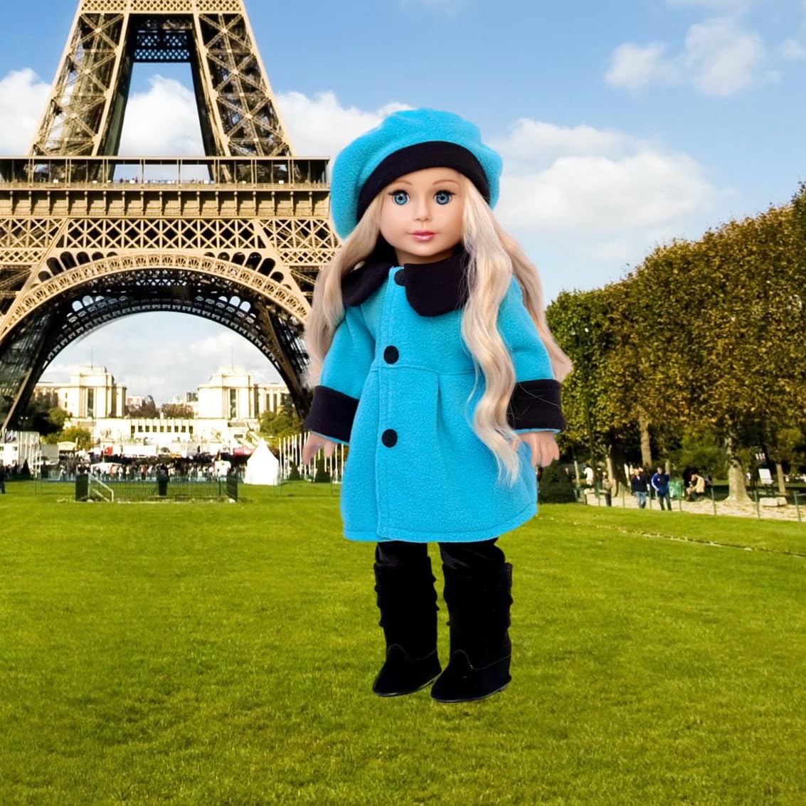 Parisian Stroll - 4 Piece Outfit - Blue Fleece Coat With Matching Beret, Black Leggings And Boots - Clothes Fits 18 Inch Doll (Doll Not Included)