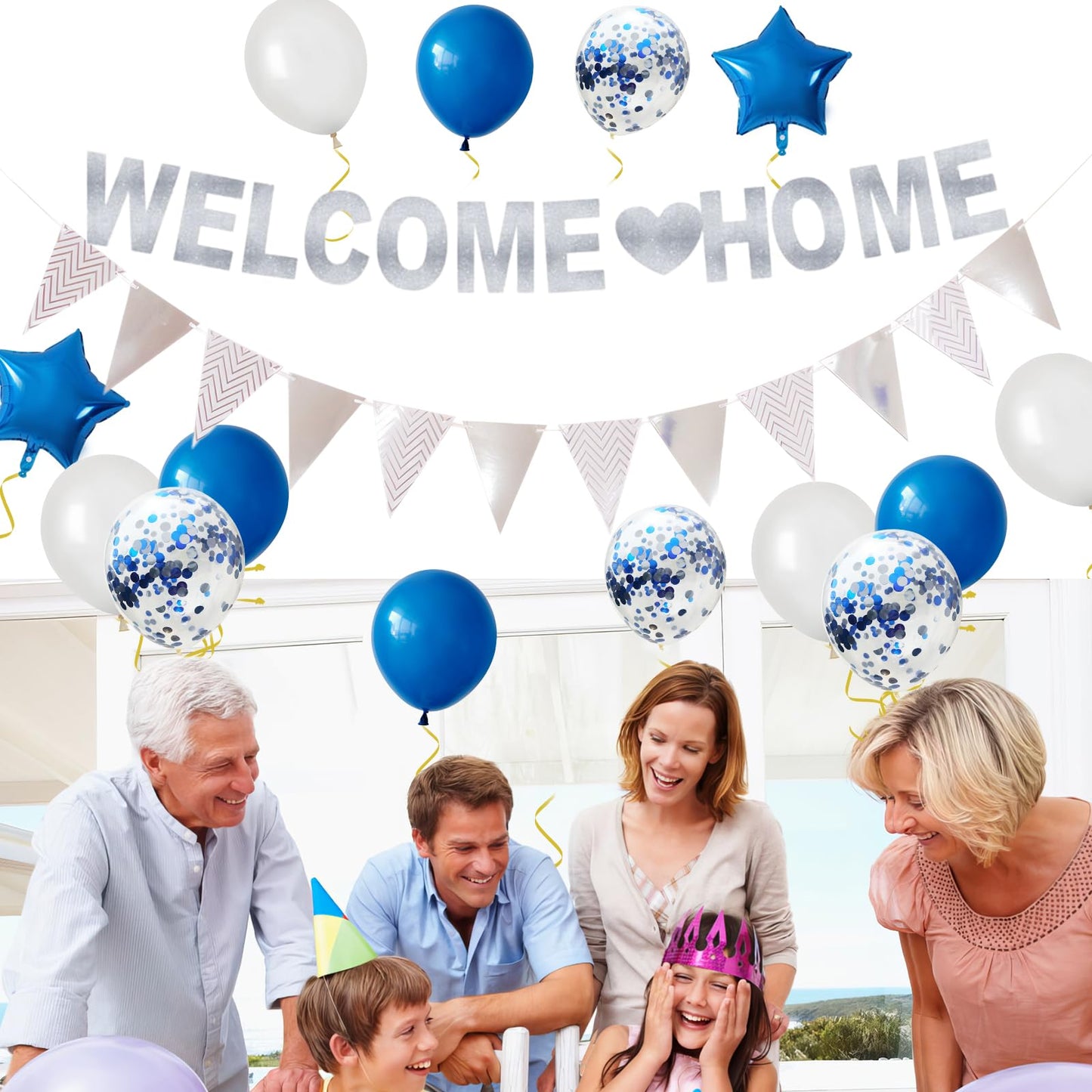 Welcome Home Decorations,Blue Silver Welcome Home Balloons Banners Set,Welcome Home Glitter Banner With Confetti Balloons,Pennan