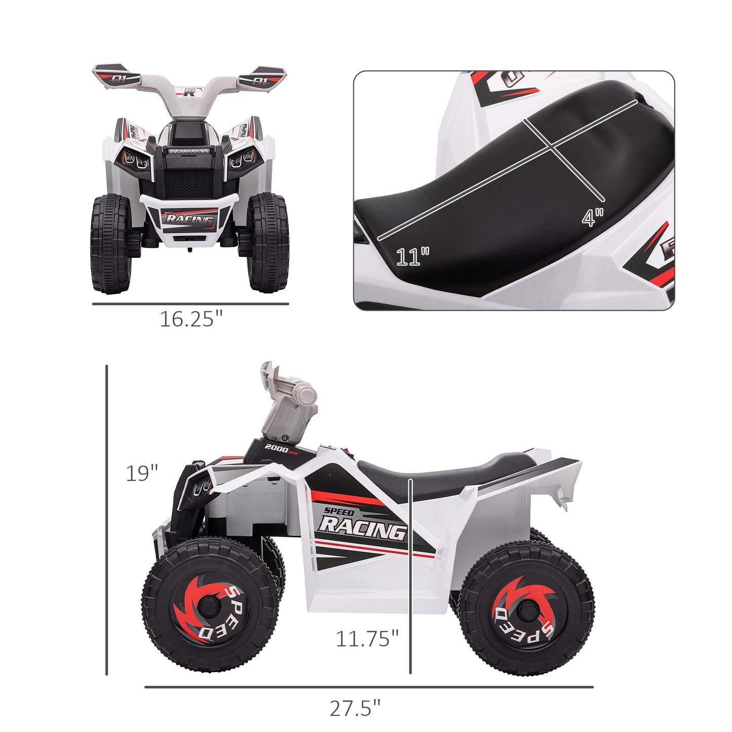 Aosom Kids Atv Quad Car, 6V Four-Wheeler Ride On Toy For Kids With Forward Backward Function, Wear-Resistant Wheels For Toddlers Ages 18-36 Months, White