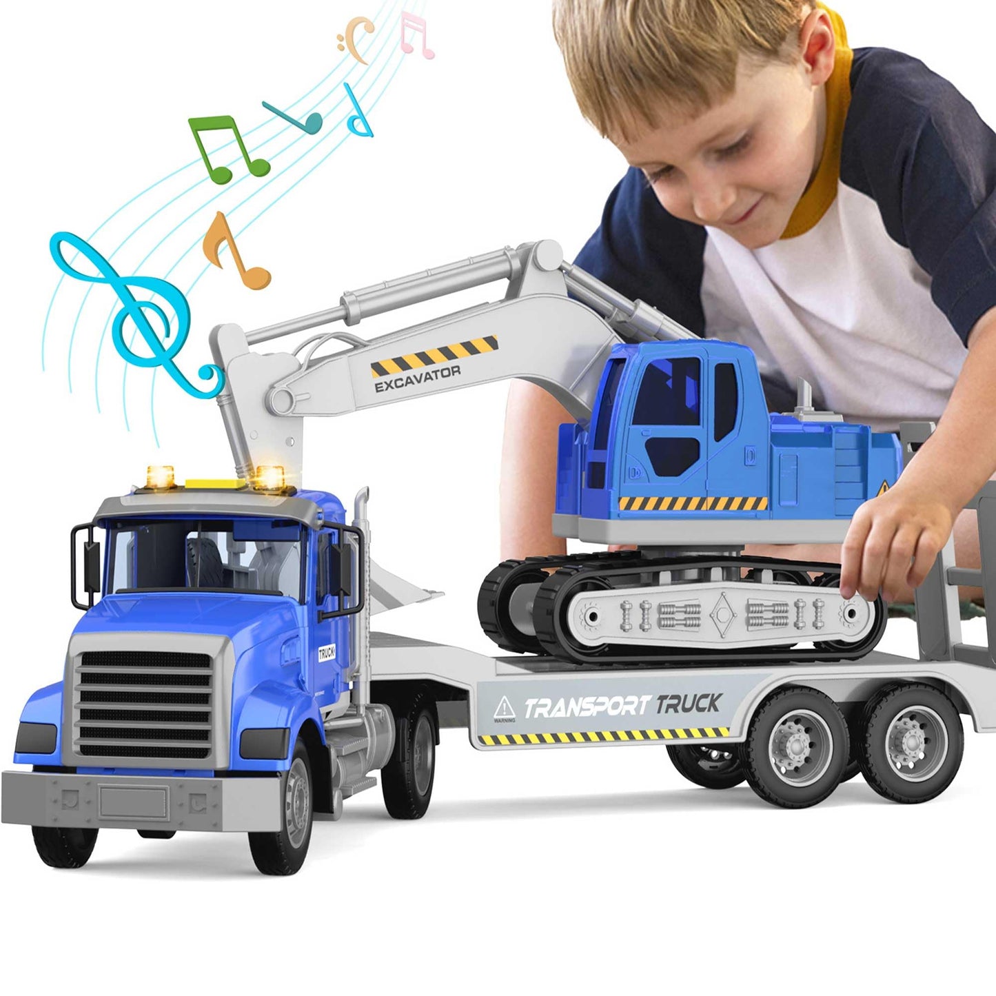 DOWELLIN Transports Truck Kids Toys, 22'' Large Semi Truck Toy Carrier and Excavator Truck with Sound&Light, Cars Toy for Boys G