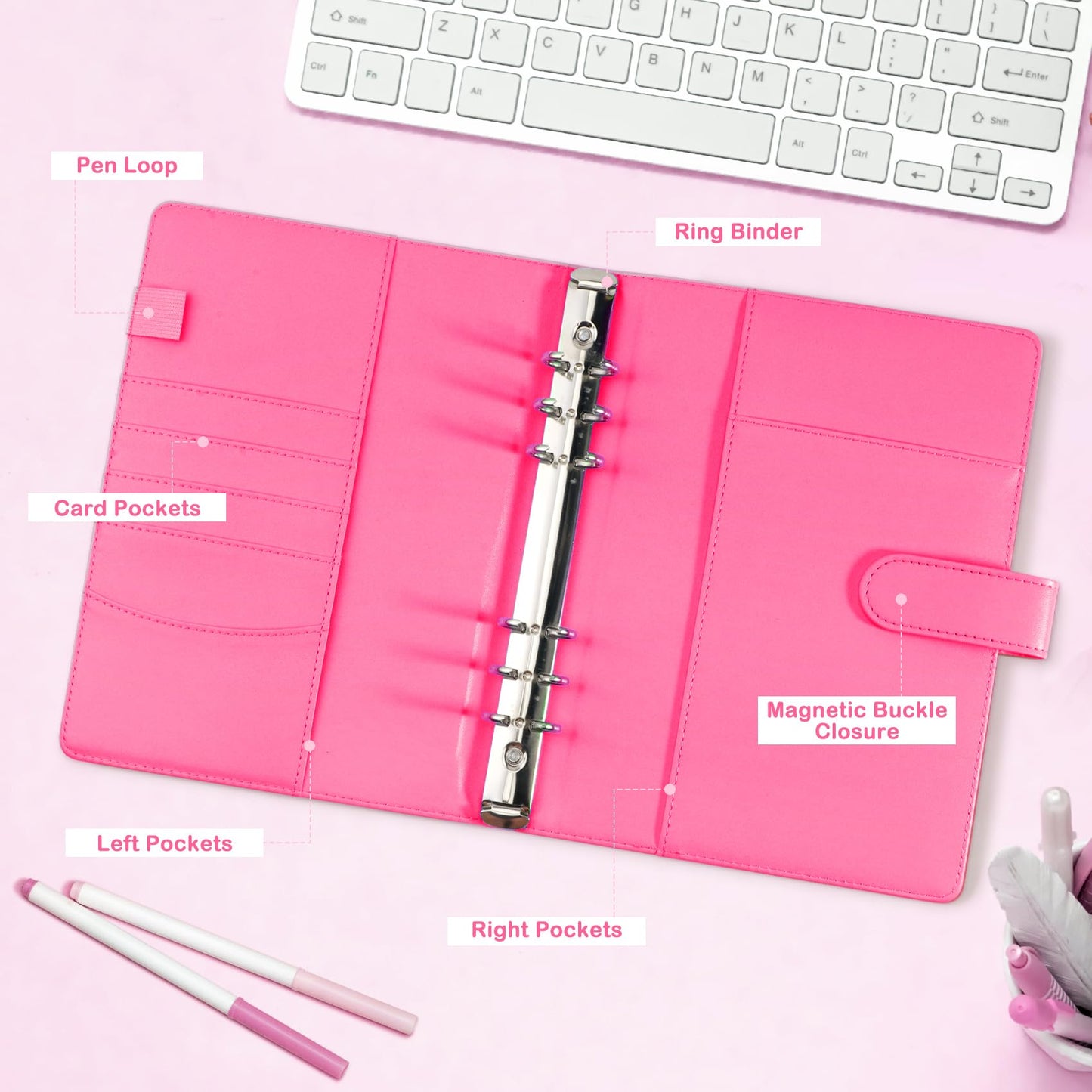 A5 Kpop Photocard Binder PU Leather 6-Ring Album with Magnetic Closure Includes 30 Pack 4-Pocket Pages for 240 Cards Card Holder for Trading and Collectible Cards (Rose)