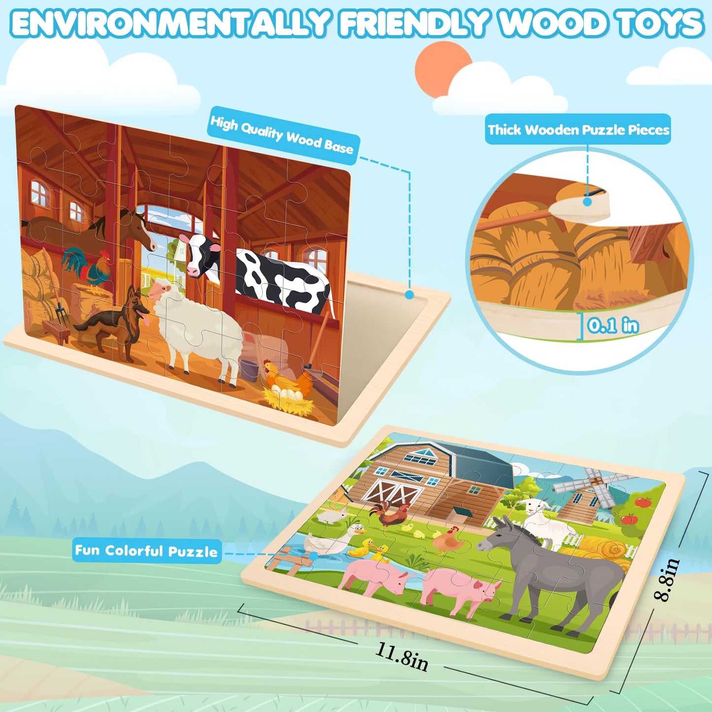 4-In-1 Farm Wooden Puzzles For Kids Ages 4-6, 24 Pcs Wooden Jigsaw Puzzles For Toddlers Ages 2-4, Preschool Educational Puzzles