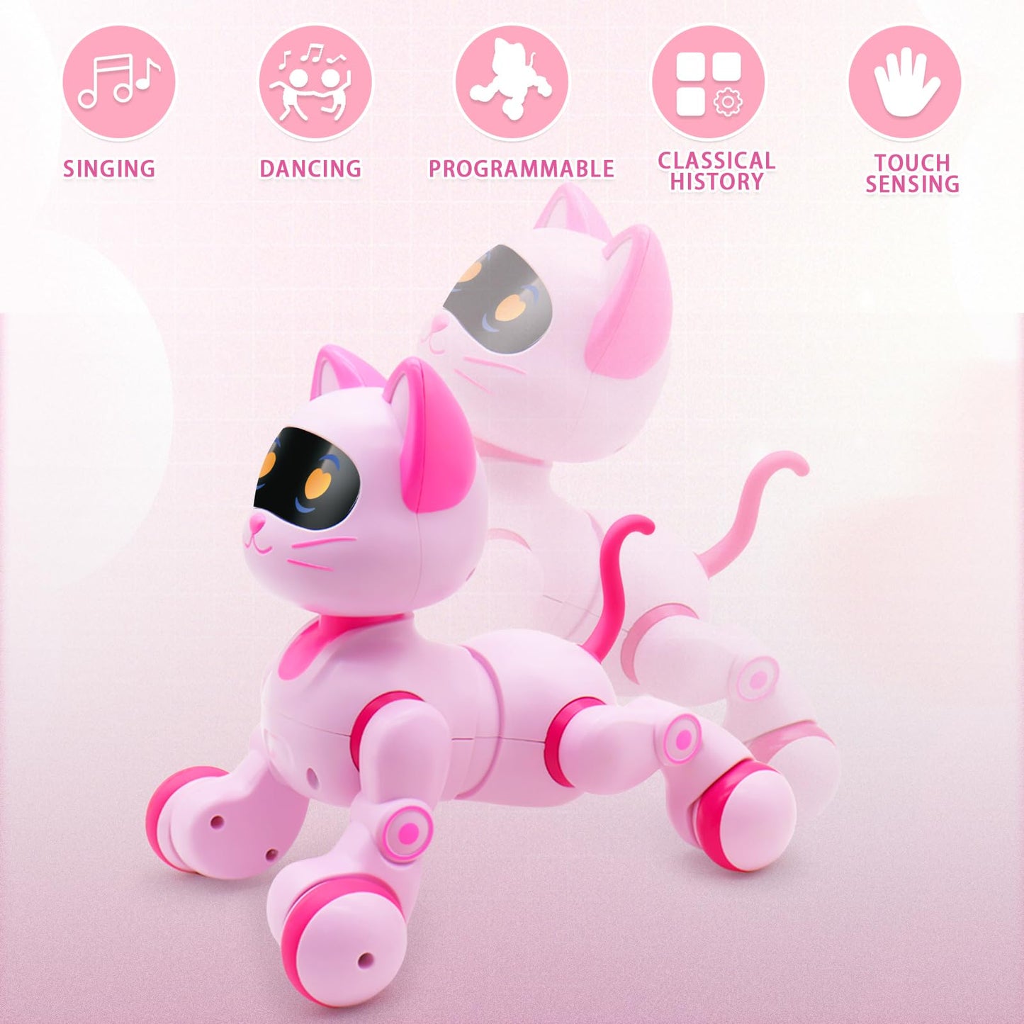 Ysityum RC Robot Cat Toy - Interactive Programmable Smart Pet, Pink, 7.08"x8.26"x8.46", LED Eyes, Sound, Dance & Music, Model 660